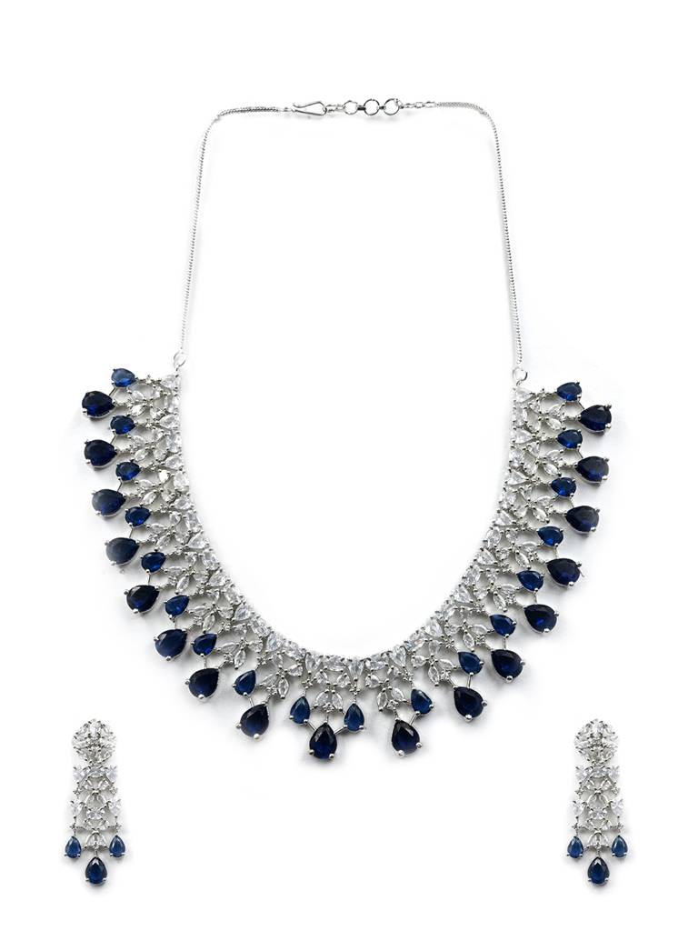 Elegant Silver Plated Cubic Zirconia Party Wear Fusion Necklace Set : AD116Blue