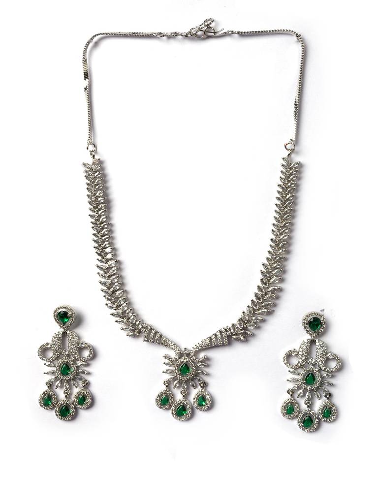 Princess Style Flower Ad Necklace Set With Long Earrings Set For Women/Girls - Wedding Jewelry/Party & Festival A : AD137GREEN