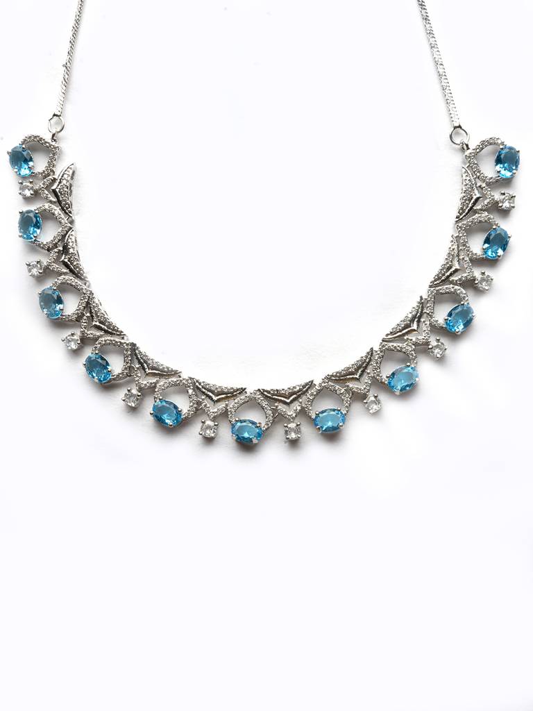 Silver-Plated Sleek Cut Work Cz Ad Necklace : AD126CRYSTALBLUEWHITE