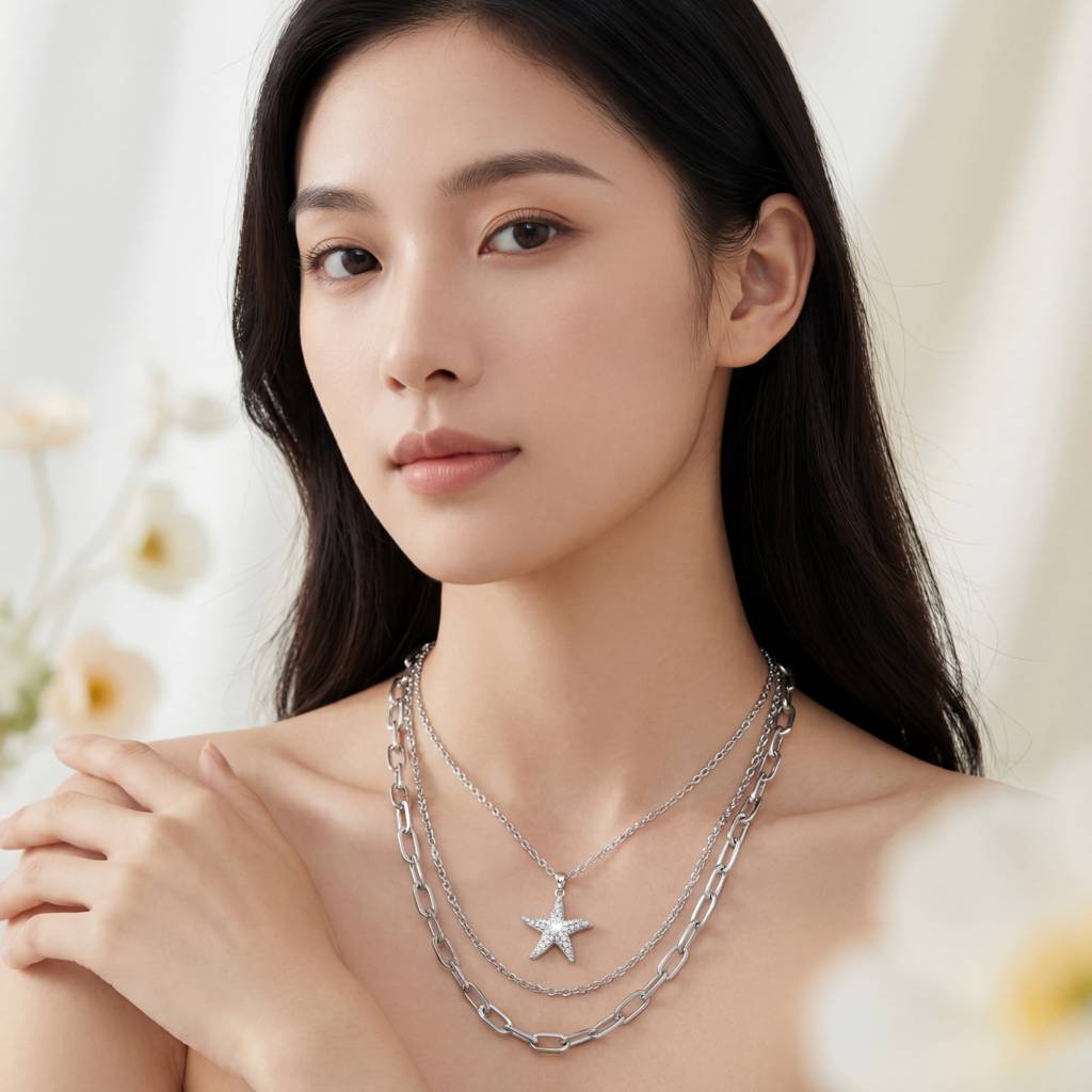 Korean Ocean Muse Triple-Strand Starfish & Pearl Statement Necklace : YUFSNL238