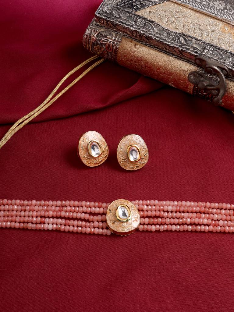 18K Gold Plated Pink Meenakari Choker Set : ABMJJS01