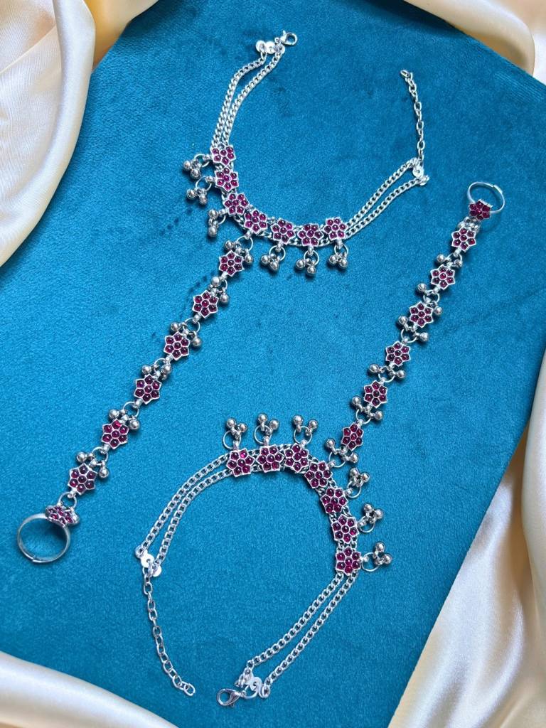 Women Silver-Plated Pink Kundan Stone-Studded Floral Anklet With Toe Ring : VI26ANK10001