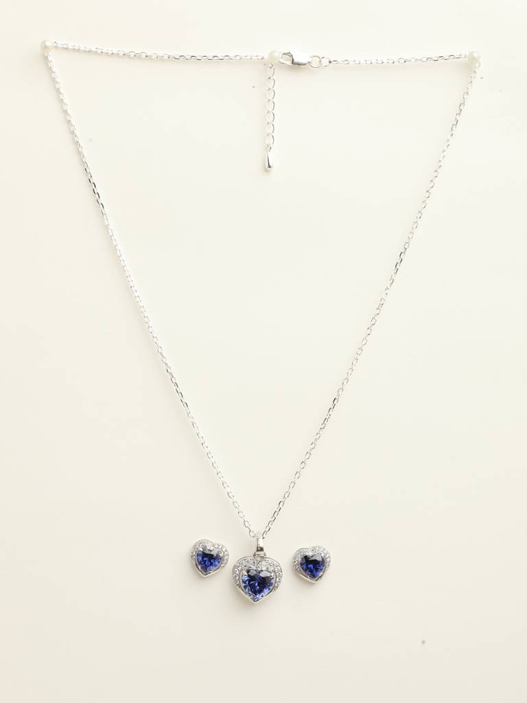 92.5 Sterling Silver Rhodium Plated Swiss Zirconia Royal Blue Heart Pendant Earring Chain Jewellery Set Gift  : CSCLRP1E1HT_BS
