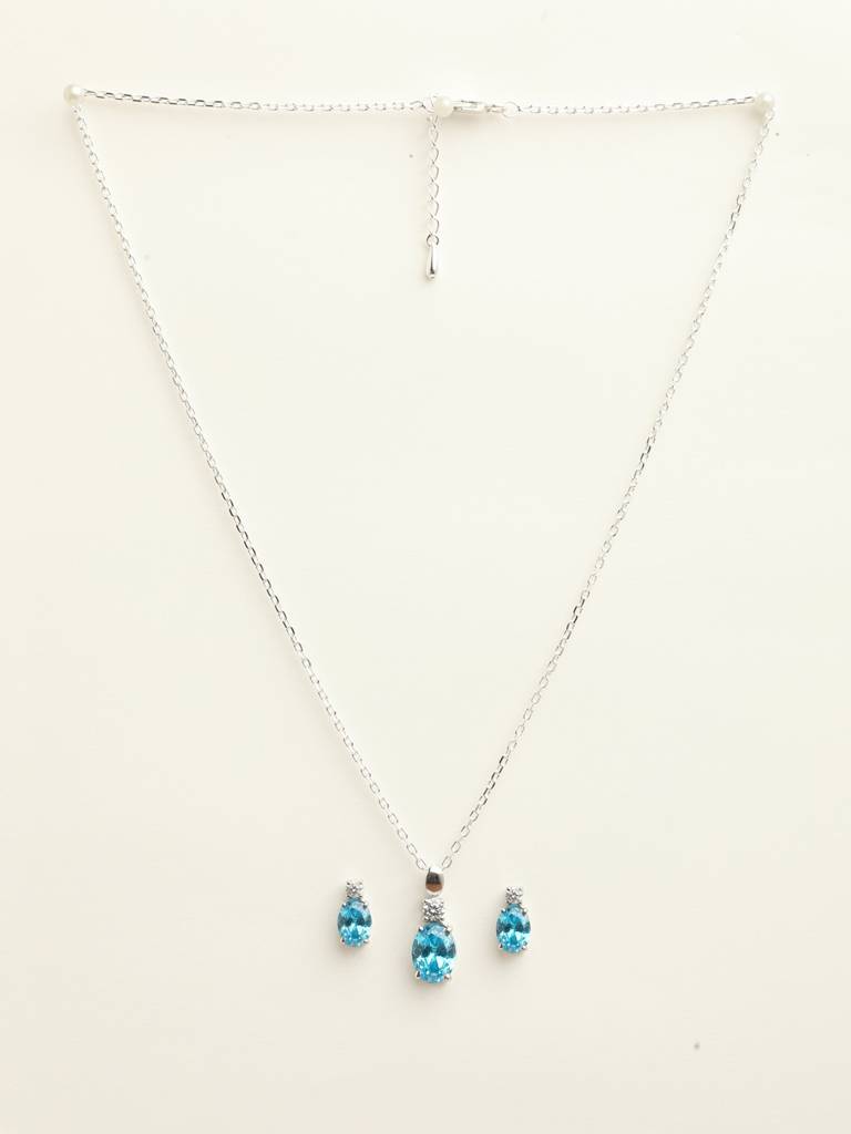 92.5 Sterling Silver Rhodium Plated Swiss Zirconia Sky Blue Oval Pendant Earring Chain Jewellery Set Gift For : CSCLRP5E5OV_BT