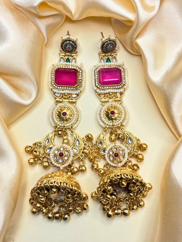 Gold-Plated Kundan And Stone Long Chandbali Jhumka Earrings : VI26EROX100341