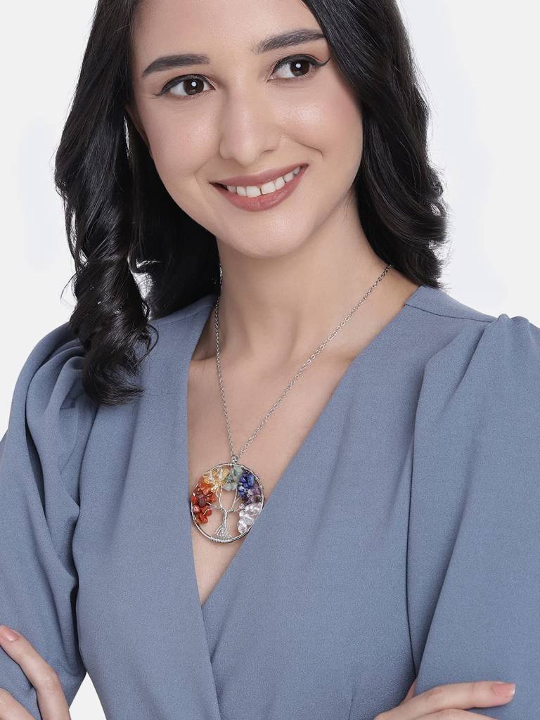 7 Chakra Rainbow Tree Of Life Crystal Wire Wrapped Gemstone Necklace For Women Girls : PFCP75