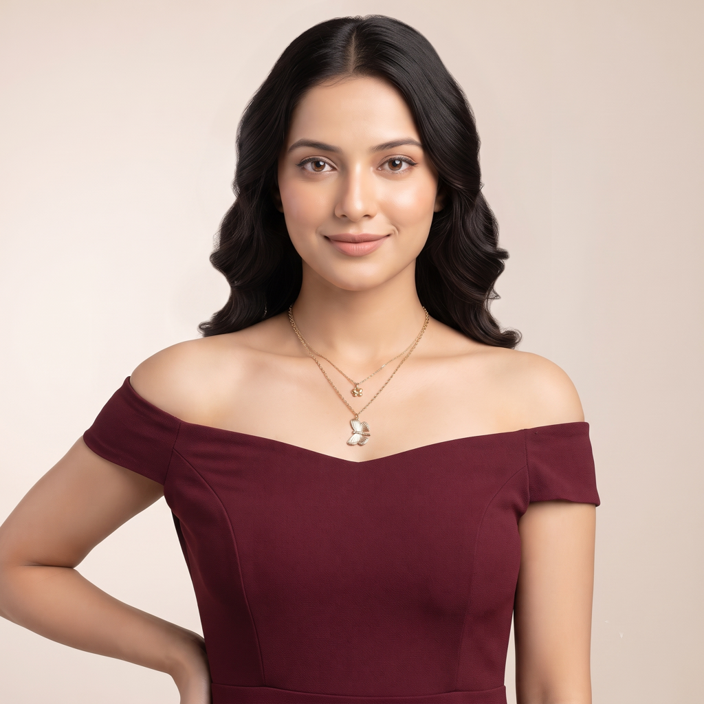 Gold Plated Brass Layered Butterfly Pendant Necklace : SCDELPS0457