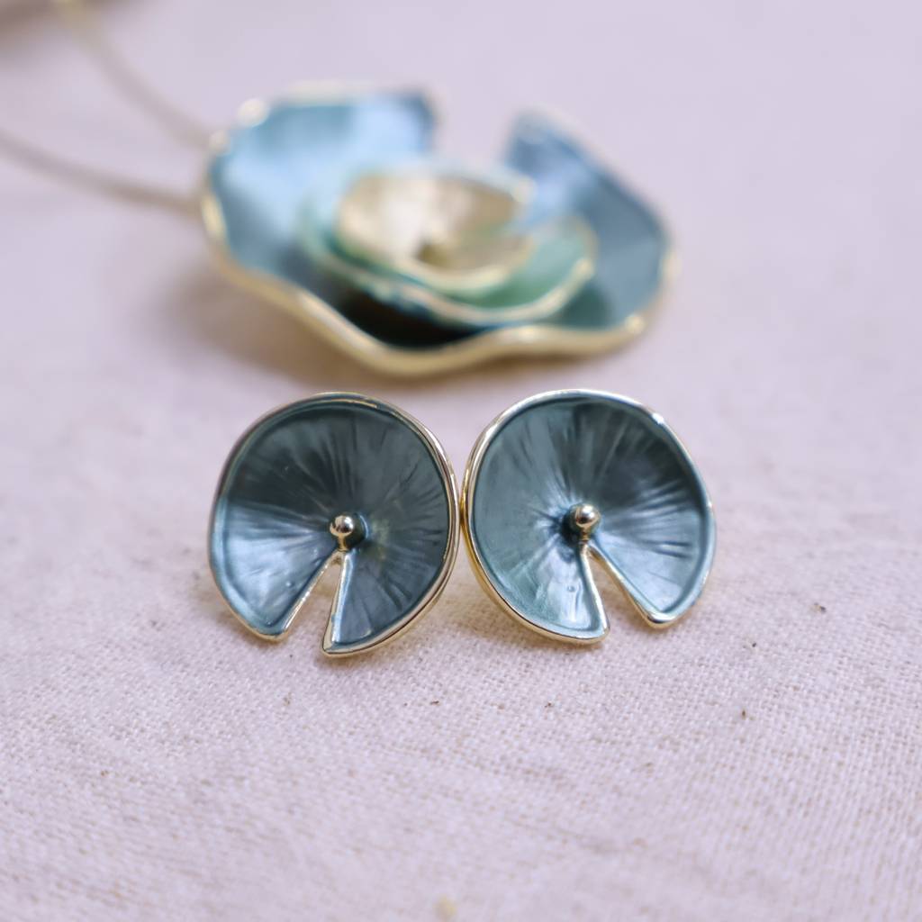 Women’S Spiral Disc Statement Necklace Set | Designer Teal & Gold Fashion Jewelry : LJPS004