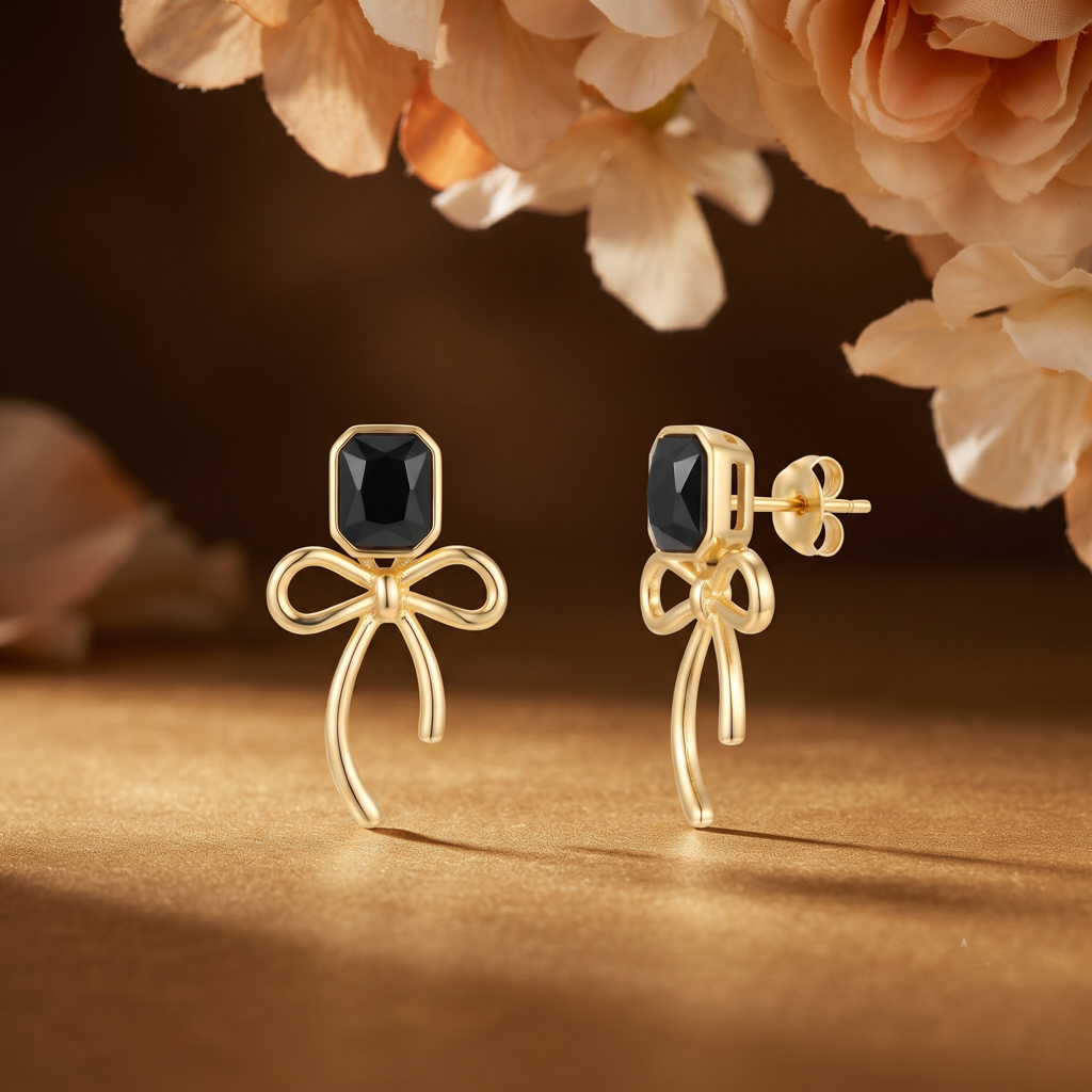 Gold Plated Brass Black Gem Bow Drop Earrings : SCDELER0463