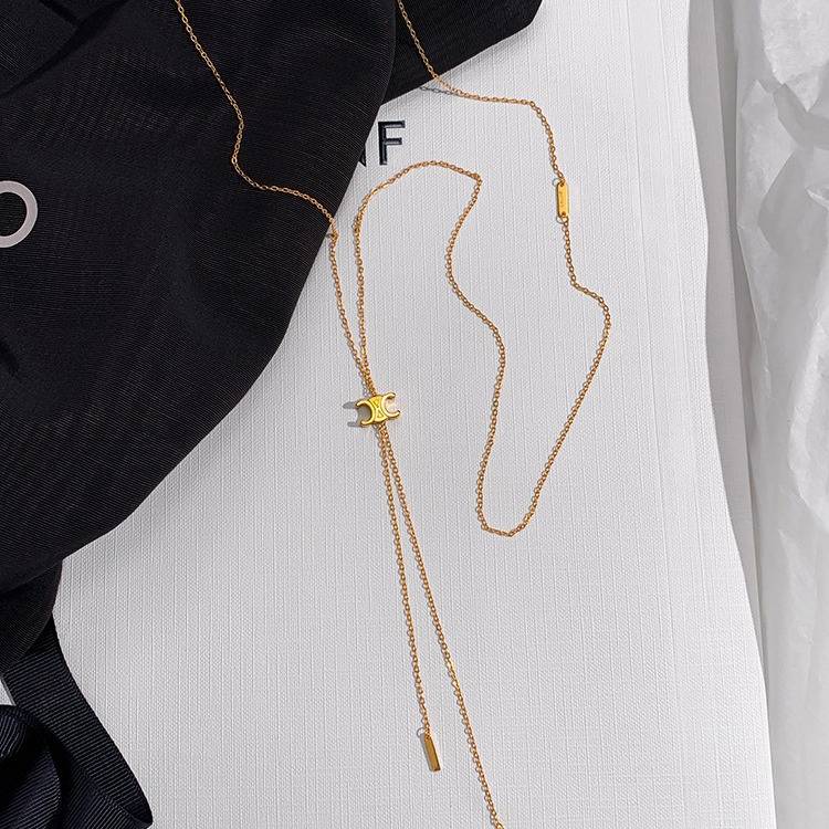 18K Gold Plated Long Tassel Movable Double Crescent Moon Necklace : ATO0624NK013G