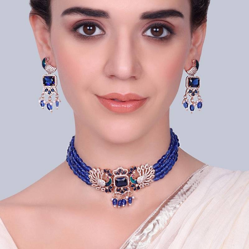 Luxury Rose Gold Finish Cz Multi String Choker Set – Bridal & Festive Wear : AD-934-RGBLNKER