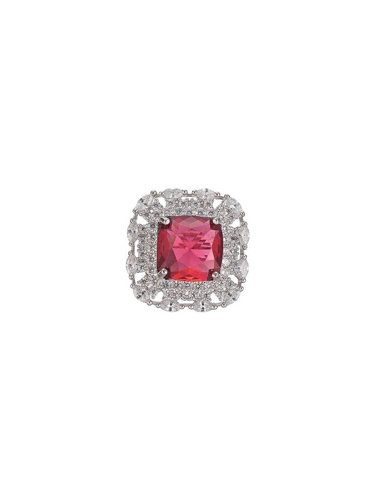 Silver Toned Ruby Red  Zircon Embedded Statement Adjustable Finger Ring : SJRG2885