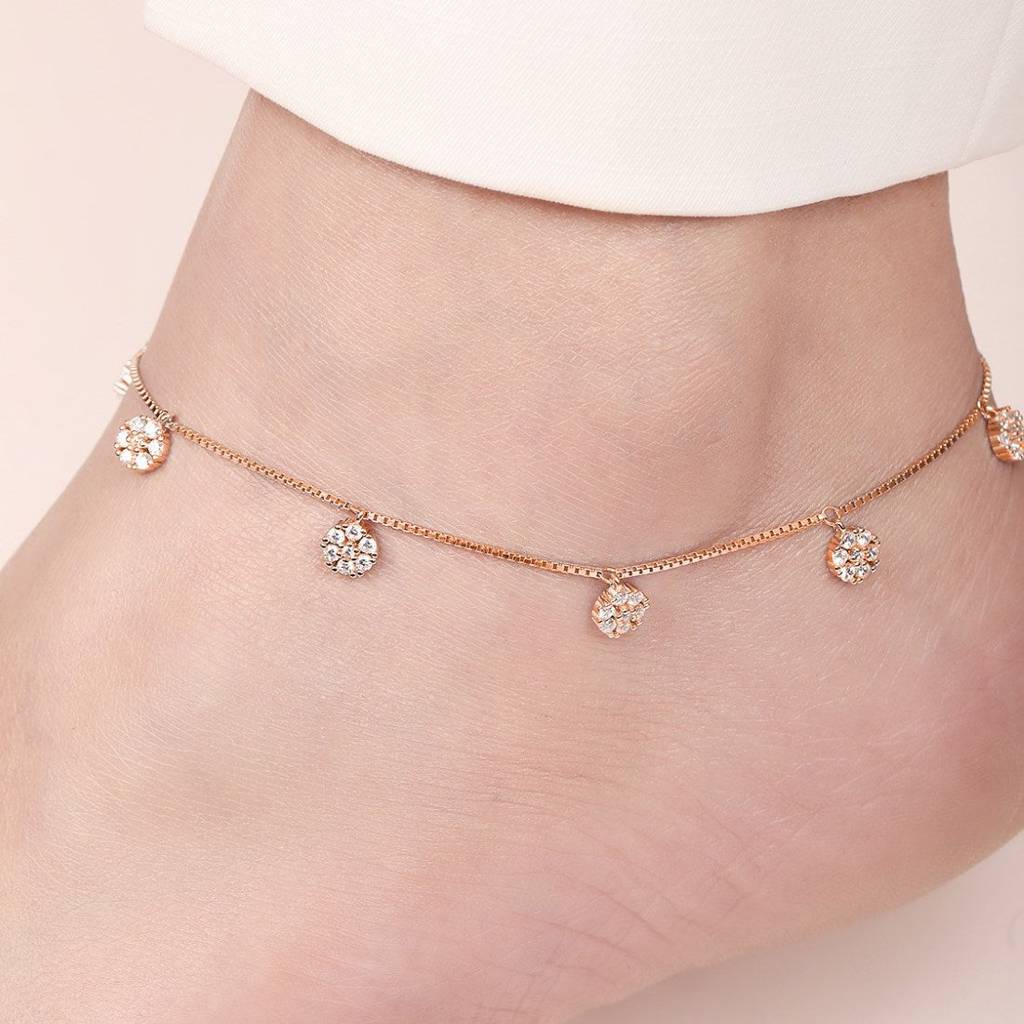 Cz Floral Rose Gold Plated 925 Sterling Silver Anklet : ANK-60371-PAIR-RG