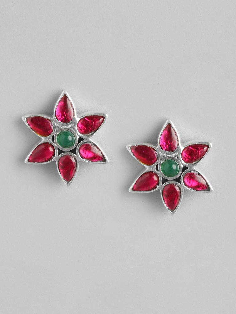 92.5 Silver Red Kundan Flower Earrings : 92.5 Silver Red Kundan Flower Earrings : U100SG006MY053