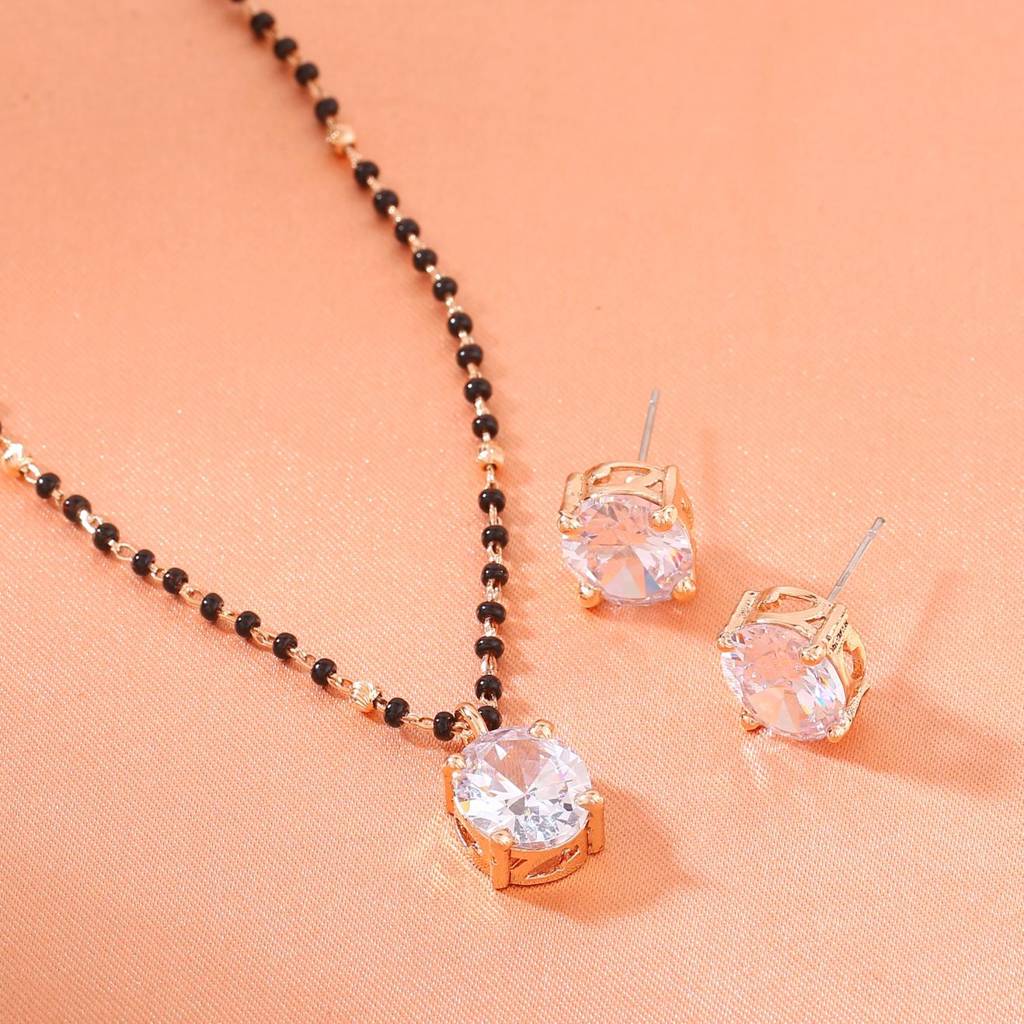 Estele Rose Gold Plated Cz Sparkling Square Designer Mangalsutra Necklace Set For Women