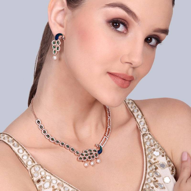Designer Finish Cz Necklace & Earrings Set | Peacock-Inspired Motif | Occasion Wear : AD-917-RGGNNKER