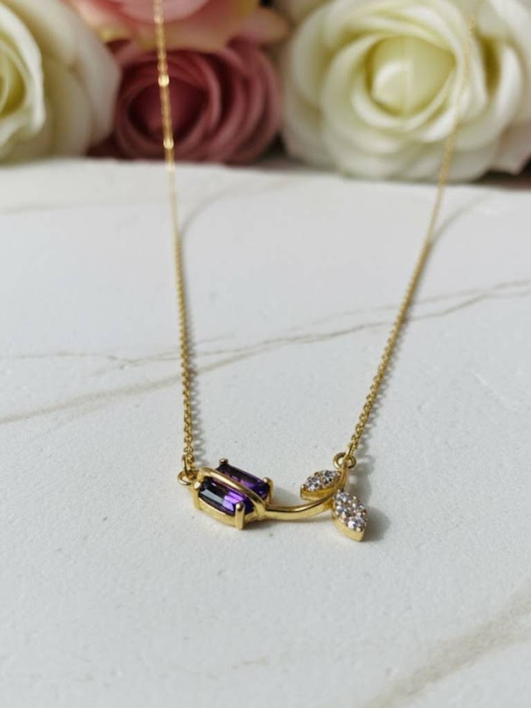 Anti-Tarnish Tulip Purple Stone Chain | 18K Gold Cz Jewelry : ATC654TPSC