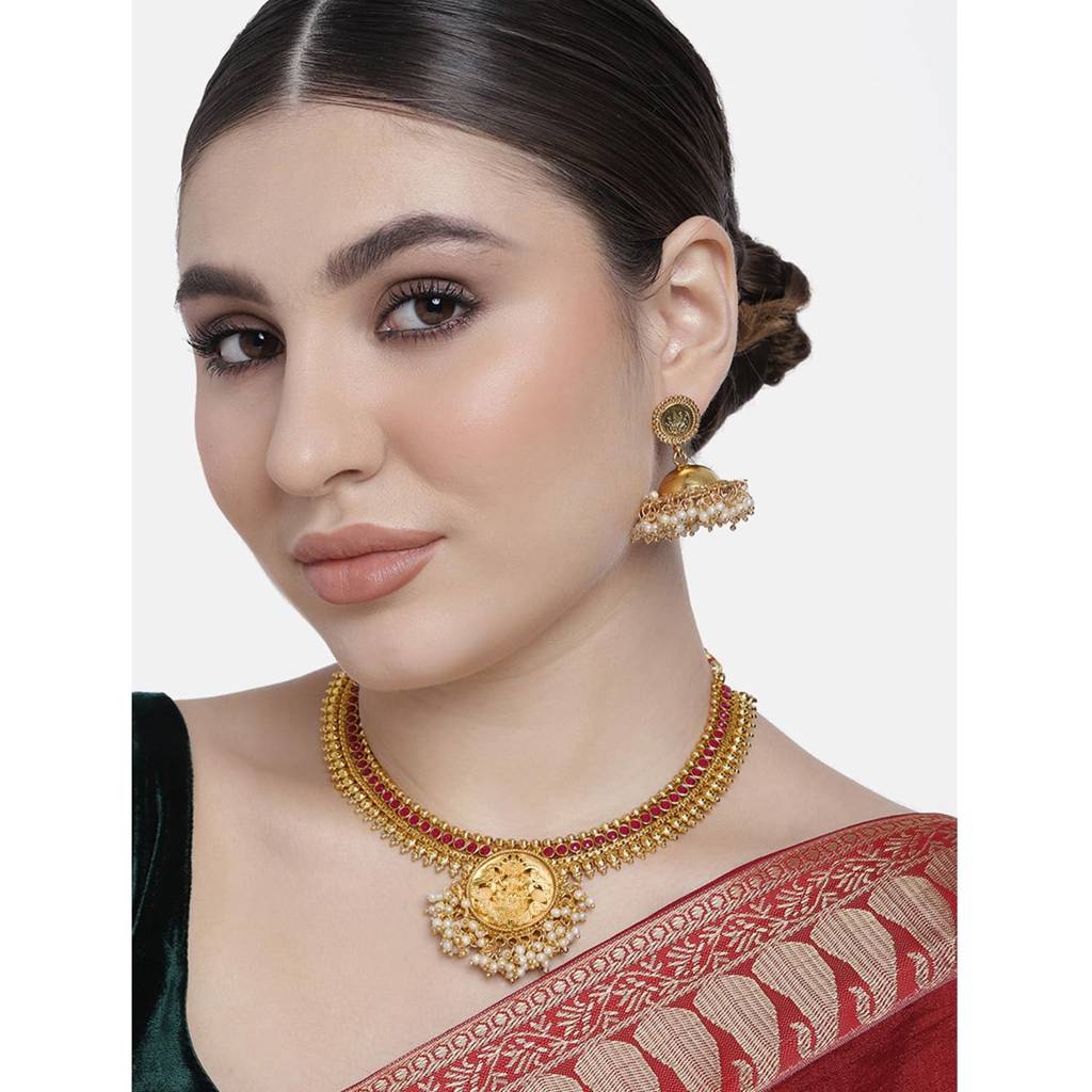 Peora Temple Jewellery Gold Plated Goddess Laxmi Pearl Necklace With Jhumki Earrings Ethnic Jewellery For Women Gi : PF37N013R