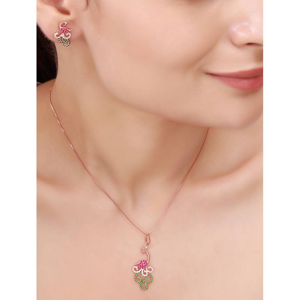 Peacock Glam Rose Gold Plated 925 Sterling Silver Jewellery Set : JS-70202-C-RG