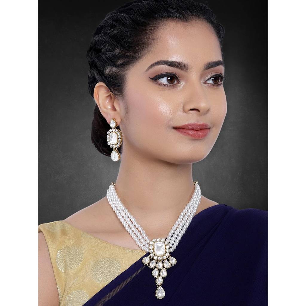 Peora Crystal Pearl Necklace Earring Traditional Jewellery Set Gift For Women Girls : PF24N01W