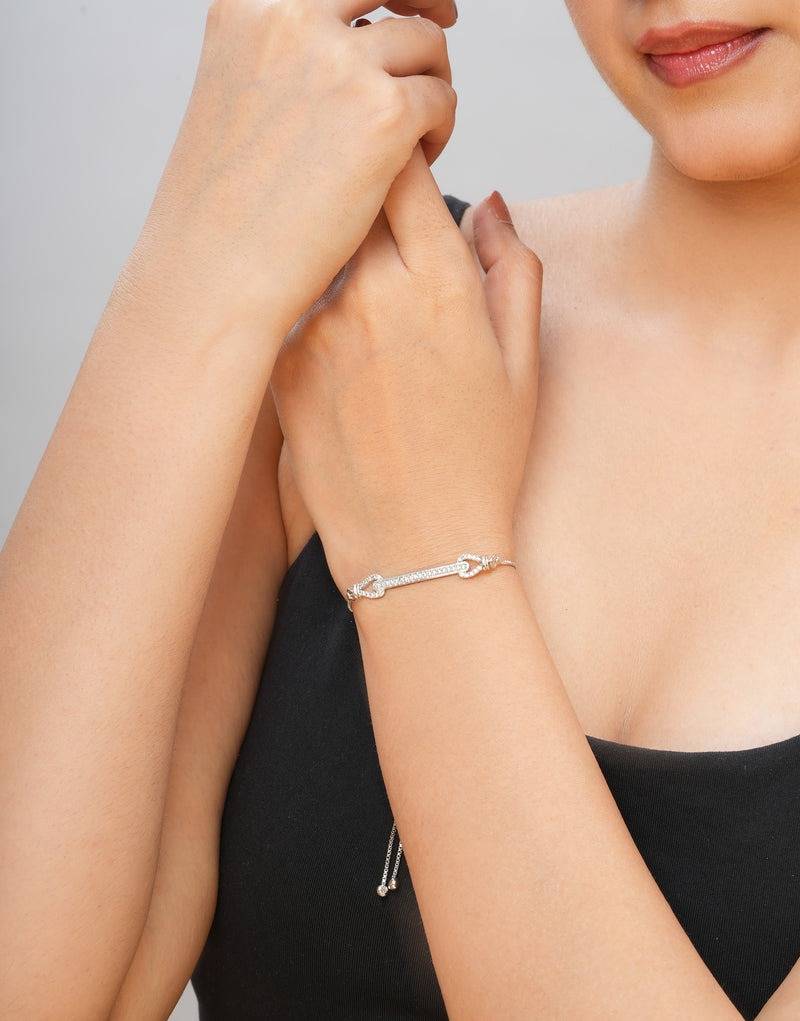 Dual Arrow Adjustable Sterling Silver Cz Bracelet : BR-20015-R