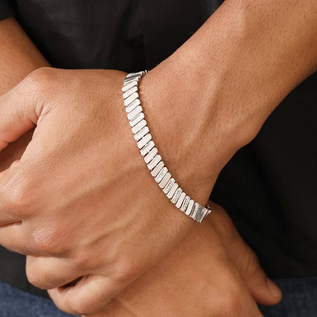 Modern Cz Rhodium-Plated 925 Sterling Silver Men'S Chain Bracelet (One Size) : BR-80419-R