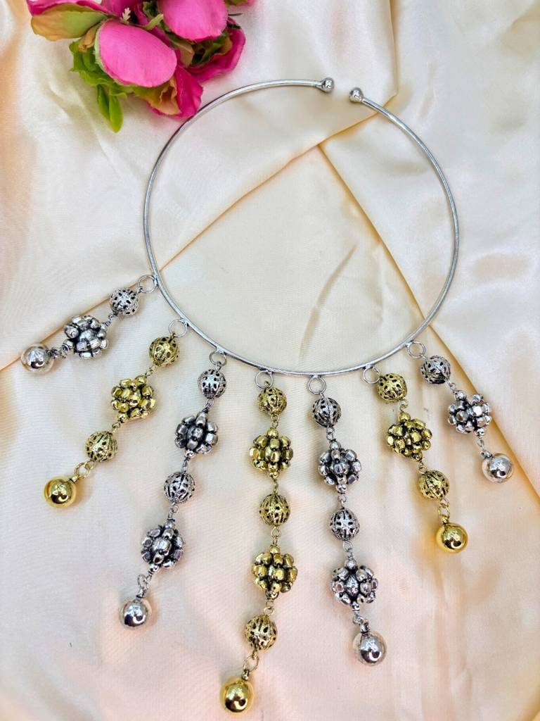 Antique Oxidised Engraved Bead Statement Boho Hasli Choker Necklace : VI26NK0105