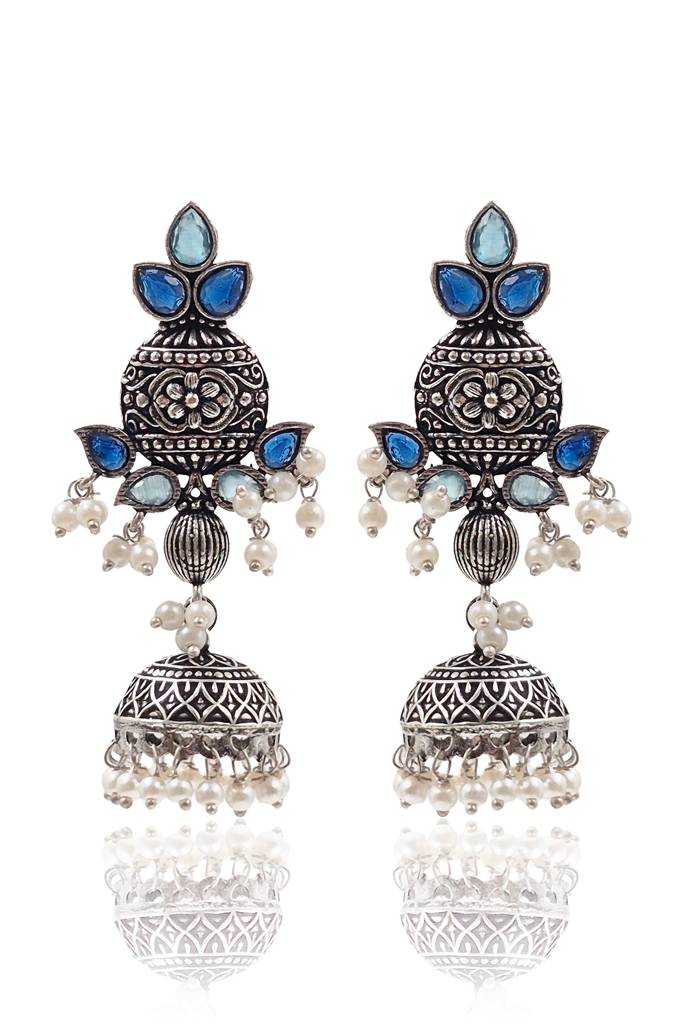 Oxidised Silver Aqua & Ruby Pearl Jhumkas : NA_ST_ER_231_4