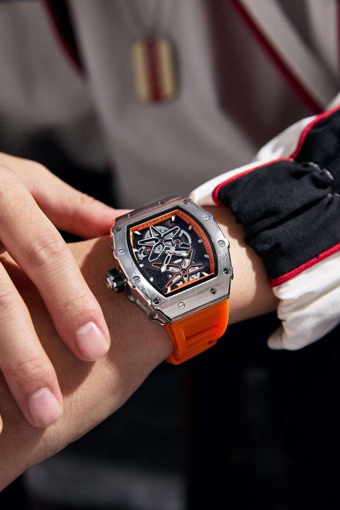 Giordano Analog Skeleton Dial Watch For Men Â Tonneau Case, Silicone Strap, Open-Gear Sport Design, Quartz Mov : GZ-50188-55