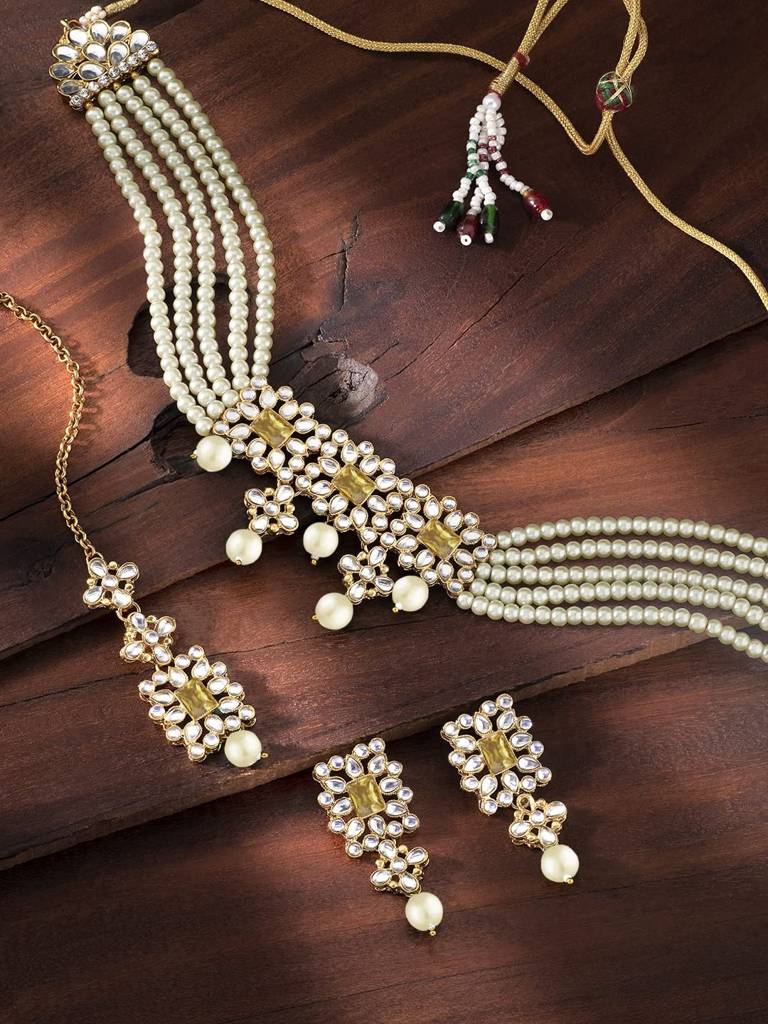 Peora Ethnic Indian Traditional Kundan Studded Necklace & Jewellery Set Gift For Women Girls : PF37N224LCT