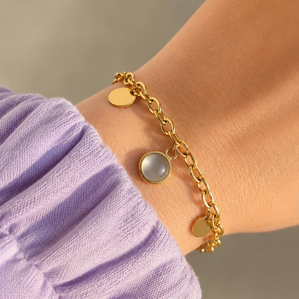 Minimalist Gold Coin & Pearl Charm Anti-Tarnish Bracelet : JW-HSPS60MB2074