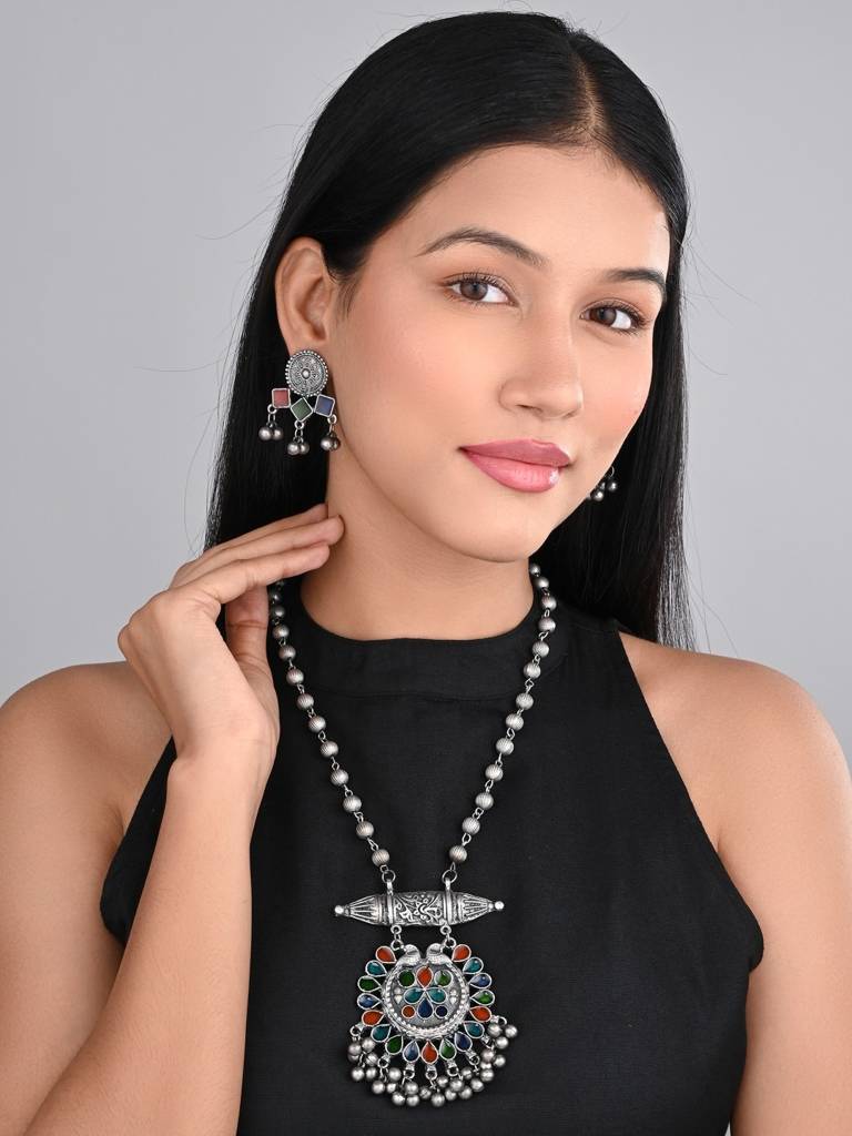 Silver Oxidised Finish Meenakari Jewellery Set : S24MRNKS397SLV