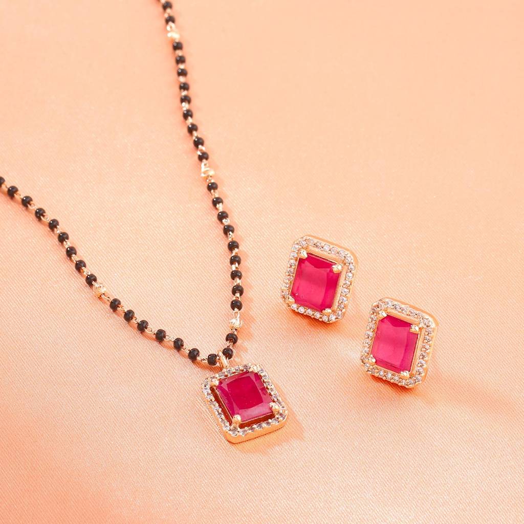 Estele Rose Gold Plated Cz Square Designer Mangalsutra Necklace Set With Ruby Stone For Women