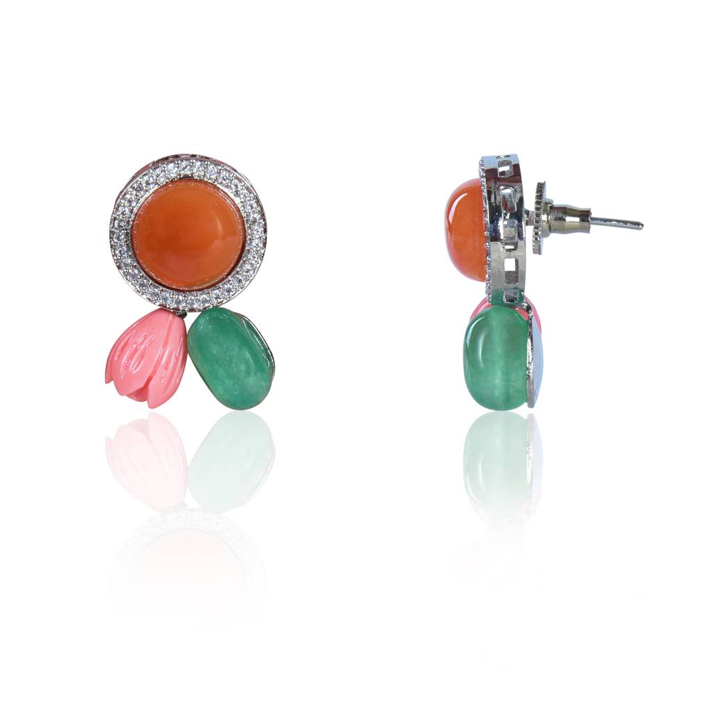 Red Onyx With Coral And Green Tumble Stud Earrings : IE935