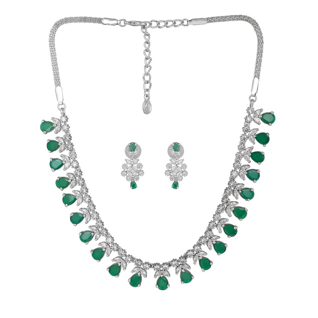 Estele Rhodium Plated Cz Glamorous Necklace Set With Green Stones For Women : AD-708-IR-GNNKER
