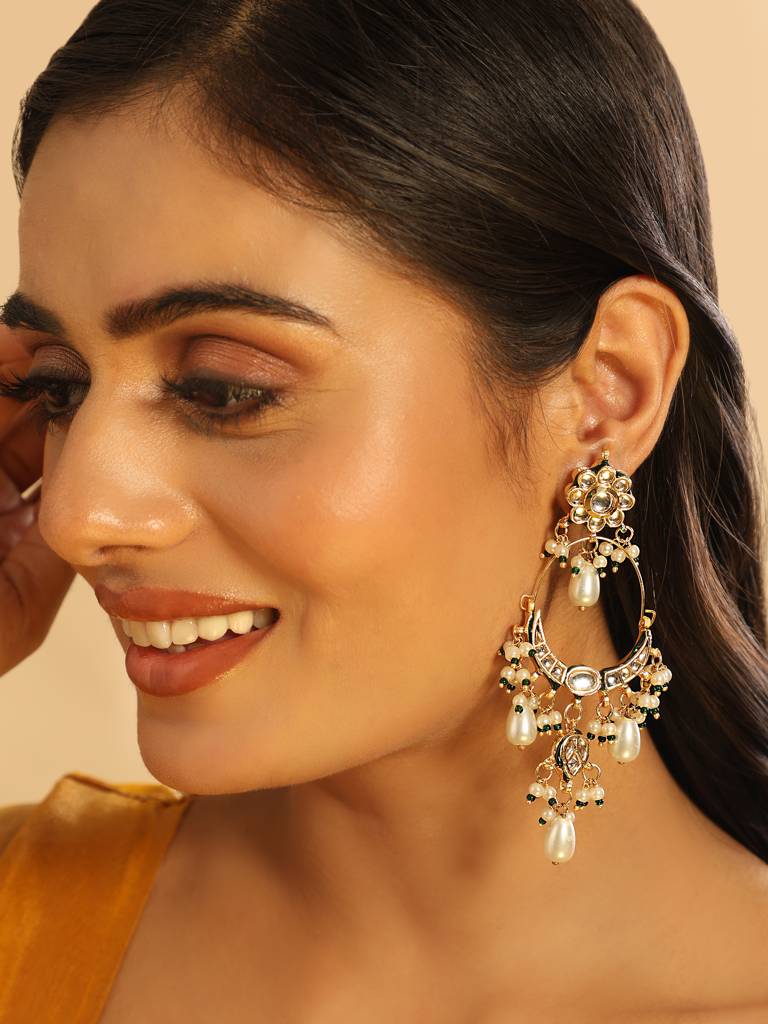 22K Gold Plated Crescent Kundan Drop Stone Chandbali Earrings : YI24A0429E
