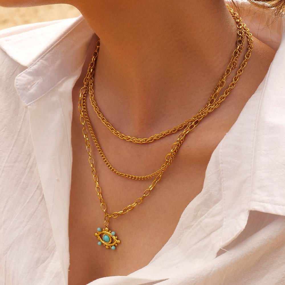 Mystic Eye Layered Turquois Evil Eye Necklace : MysticEyeLayeredTurquoisEvilEyeNecklace-JD-NK-LG-21