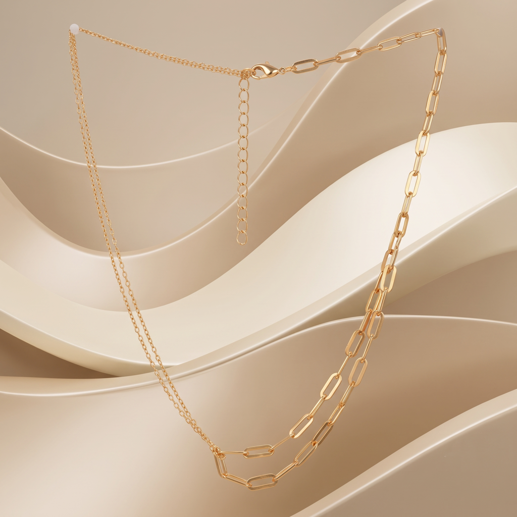 Gold Plated Brass Layered Paperclip Chain Necklace : SCDELNL0467