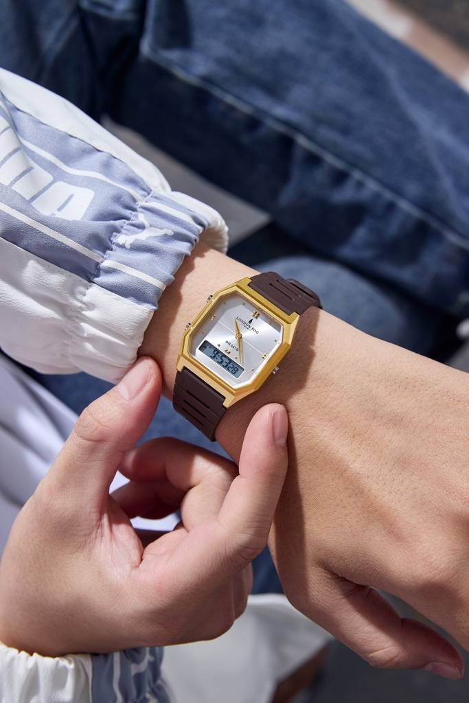 Analog-Digital Quartz Watch For Men With Square Dial, Crystal-Accent Hour Markers, Digital Time Display And Sili : LFM10014-04