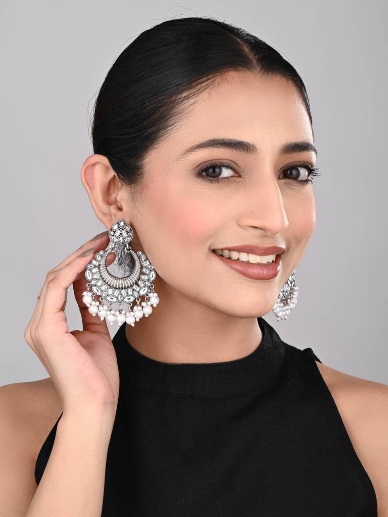 Silver Plated Chandbali With Pearl Drops : S24KCER439SLV