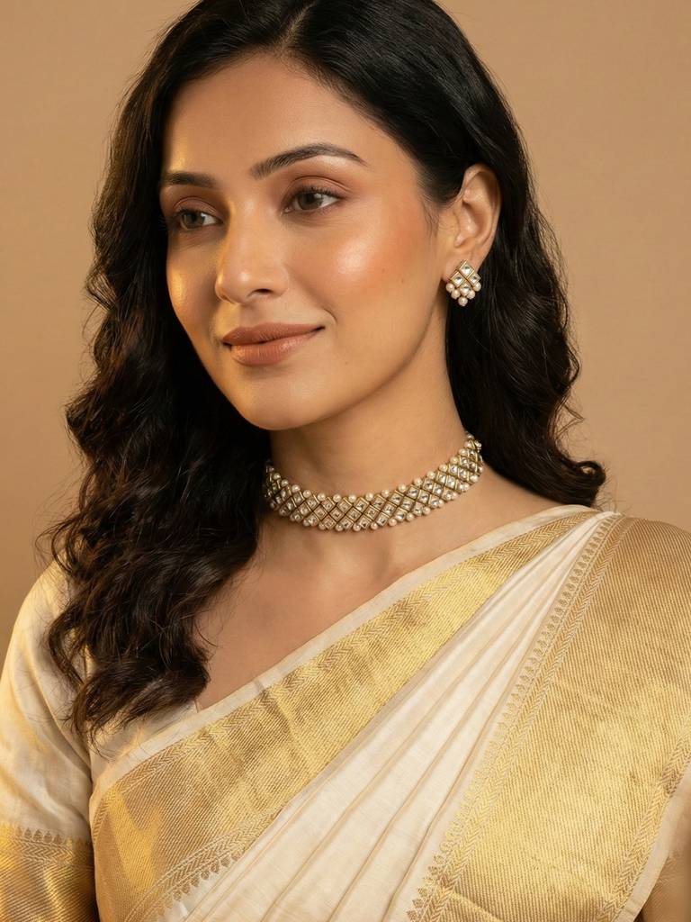 Golden Grid - Kundan And Pearl Choker Necklace Set : PAN17KUCOMBO