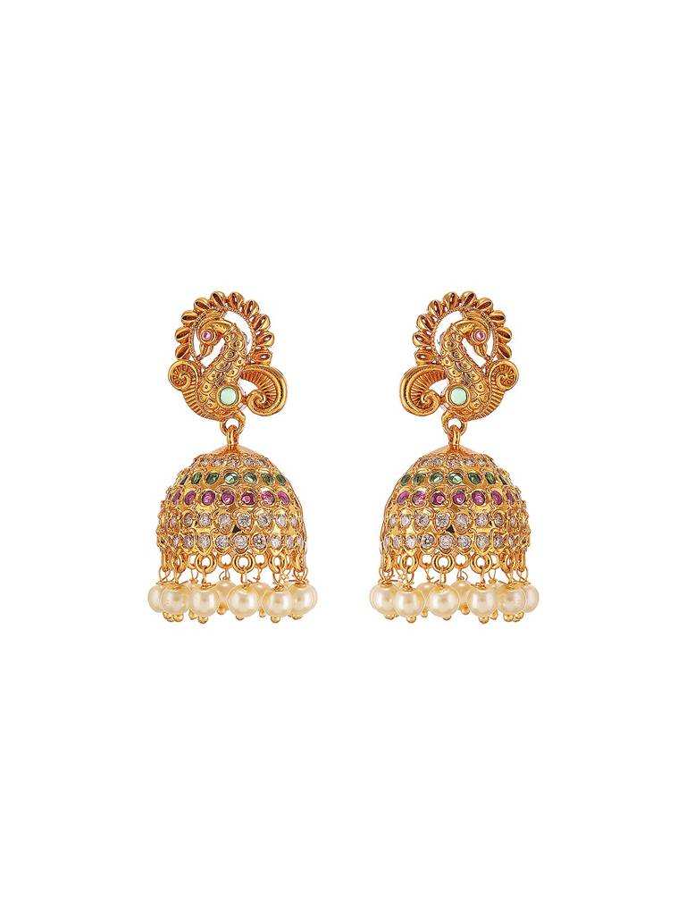 Gold Plated Multi Colored Ad Studded Peacock Temple Jhumka Earrings : SJER2974