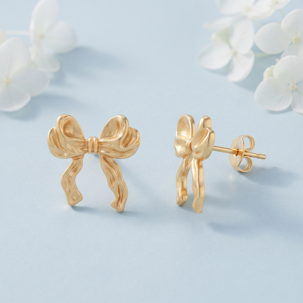 Gold Plated Brass Ribbon Bow Stud Earrings : SCDELER0462