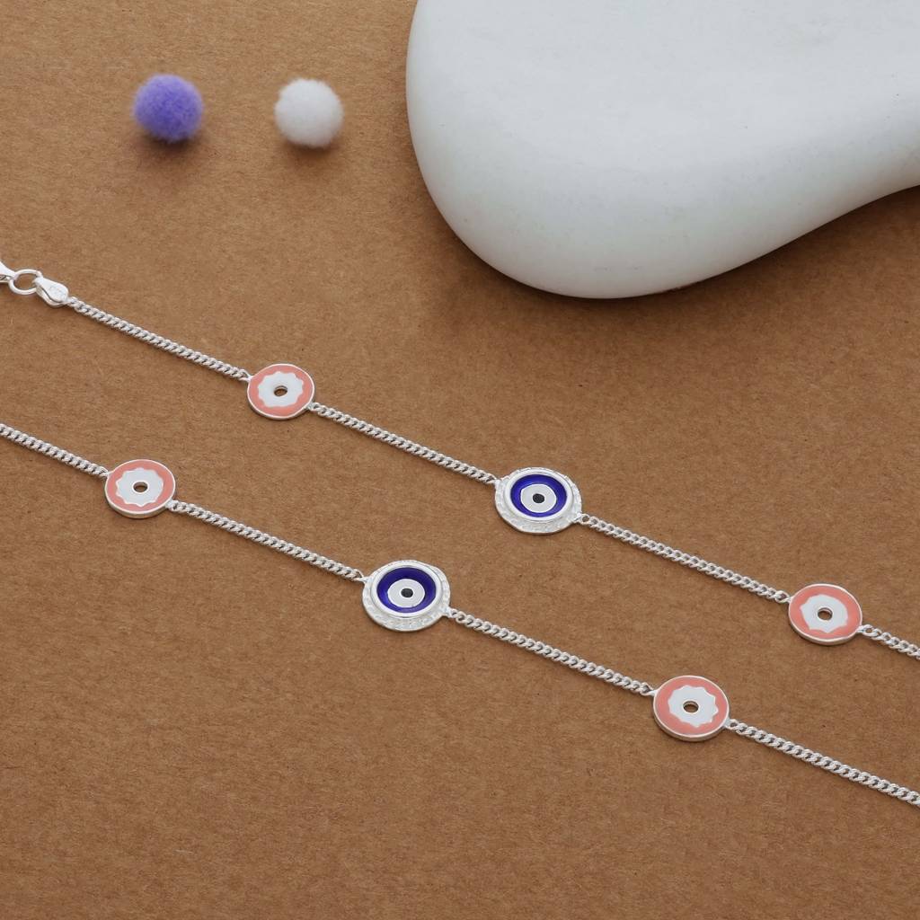 Evil Eye & Flower Charm 925 Silver Kid Anklet : KA-KC-RH-R-197-P