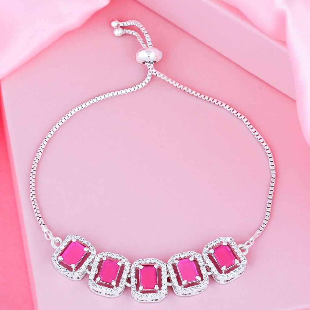 Estele Rhodium Plated CZ Ossum Octagon Bracelet With Ruby Crystals For Women