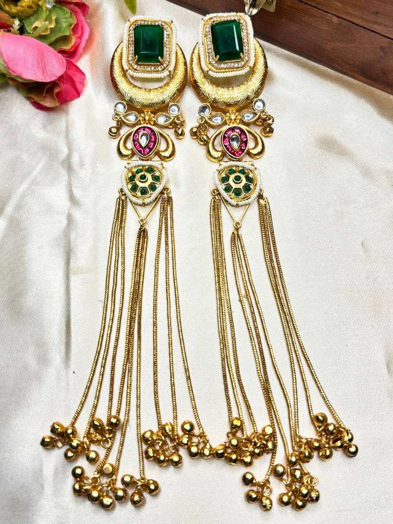 Gold-Plated Kundan And Stone Long Kashmiri Dangler Earrings : VI26EROX100345