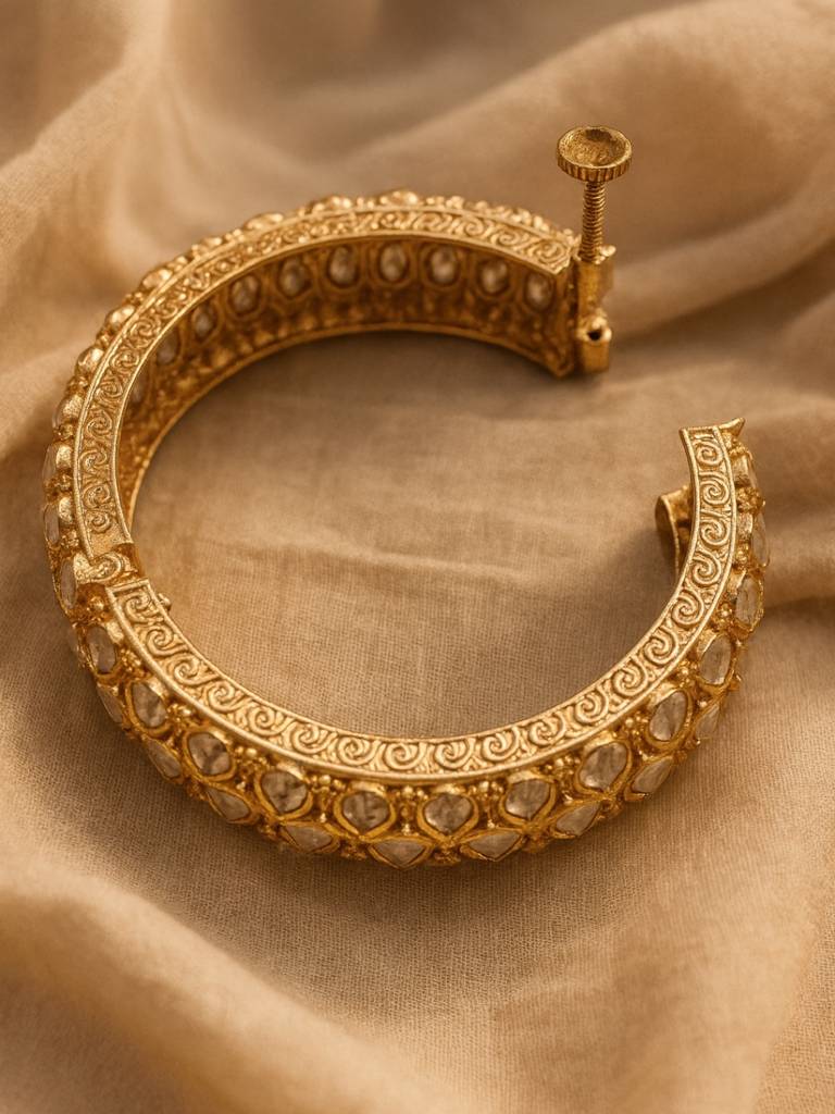 Golden Kundan Moissanite Bangle | Openable Gold Cuff Bracelet : AFB417GMB