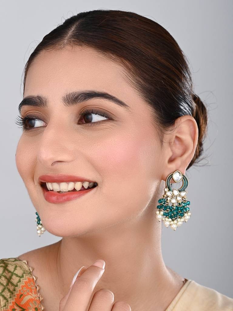 Gold-Plated Meenakari Stud Earrings With Kundan & Pearl Cluster Drops : S24FAER408TEA