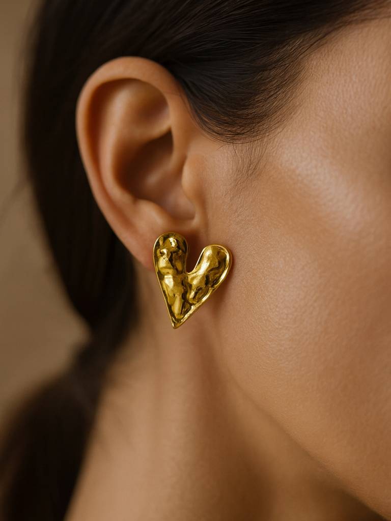 Gold Heart Handbeaten Stud Earrings | 18K Gold Plated Anti-Tarnish : ATE636GHHS