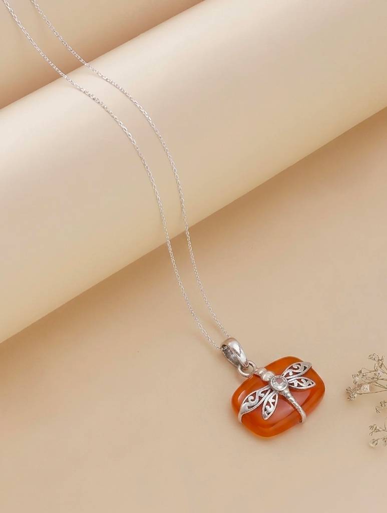 925 Sterling Silver Carnelian Pendant With 18 Inch Chain Handmade Gemstone Necklace For Women Elegant Jewelry Gift : FU-1040